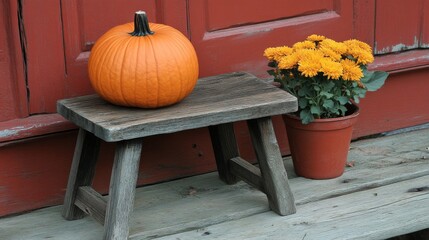 A Pumpkin, Flowers, and a Rustic Wooden Stool in Front of a Red Door