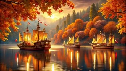 Autumn Leaves Ships, Fantasy Vessels, Nature Art,  Leaf Boats,  Surreal Ships,  Fall Scenery,  Beautiful Boats