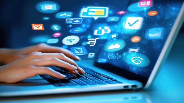 Hands typing on a laptop with digital icons representing soft skills like teamwork, communication, and leadership.