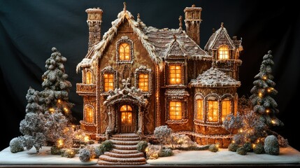 Obraz premium Festive Gingerbread House with Snowy Roof, Illuminated Windows, Surrounded by Pine Trees and Glittering Decorations for Holiday Cheer