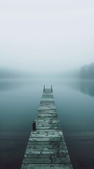 Fototapeta premium A meditative landscape of a mountain lake viewed from a small boat dock with fog in early spring or autumn. Perfect for screensavers or interior design.