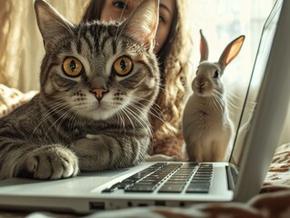 A cat and rabbit stare intently at a laptop. AI.