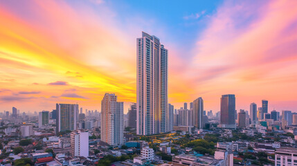 Obraz premium Cityscape at Sunset: Vibrant Skies & Skyscrapers Epitomizing Urban Life