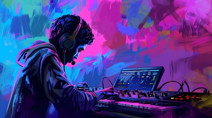 Students composing music on a digital workstation using MIDI controllers and software