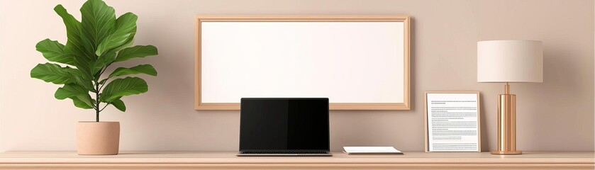 Fototapeta premium A modern home office setup featuring a sleek laptop, indoor plant, stylish lamp, and empty picture frame on a minimalist desk, inviting productivity.