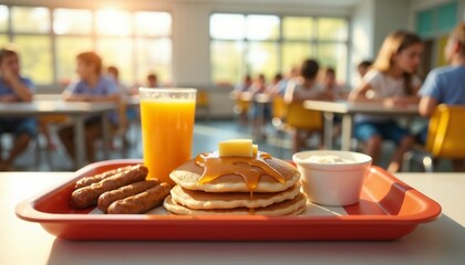 Breakfast tray with pancakes and juice in school cafeteria