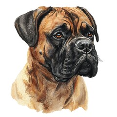 Watercolor Painting of a Boxer Dog Headshot;  A detailed artistic portrait of a fawn-colored Boxer dog.