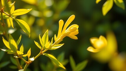 Fototapeta premium A vibrant, yellow-green flowering plant with delicate, tubular blossoms emerging from slender stems amidst lush,