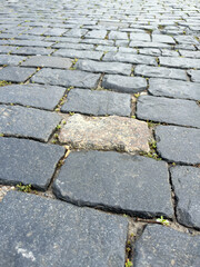 A black stone sidewalk with a small stone in the middle