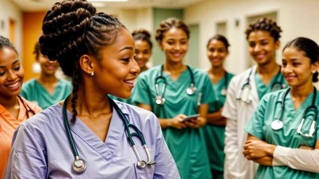 Close-up portrait of a smiling female doctor standing in a hospital corridor with a multicultural team of colleagues in the background