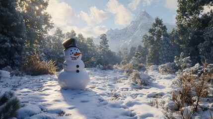 Fototapeta premium Happy snowman standing in christmas landscape