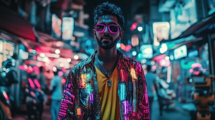 Obraz premium Neon Nights: A Cyberpunk Portrait of indian Man in Vibrant City Streets