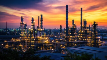 Obraz premium Industrial landscape at sunset with illuminated structures and smokestacks.