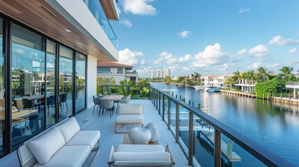 Fototapeta premium Stunning balcony in Florida. Modern architecture and design. Amazing skyline, city views, canals, and beaches.
