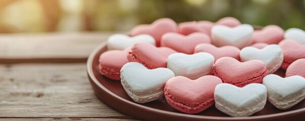 Valentine s Day Pink and White Heart Macarons on Wooden Table