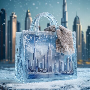 A bag sculpted from ice encases a detailed winter cityscape, accessorized with a textured scarf, evoking a sense of imaginative urban exploration and artistic ingenuity.
