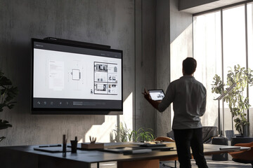 A designer showing mockups on a large screen during a pitch presentation in a sleek office