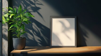 Fototapeta premium black frame on top table in living room interior on dark wall background.