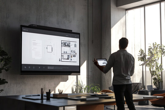 A designer showing mockups on a large screen during a pitch presentation in a sleek office