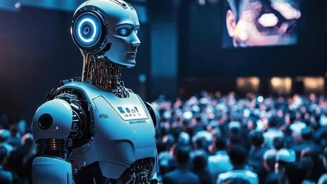 A humanoid robot stands on display at a technology conference in 2023, captivating an enthusiastic audience eager to learn about the latest advancements in robotics and AI technologies.