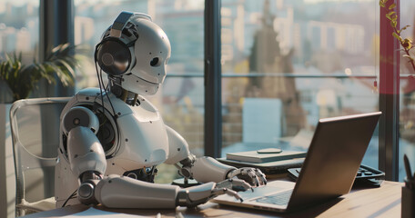 Fototapeta premium AI humanoid robot sitting at an office desk, typing on a laptop keyboard, symbolizing evolution, technology, and AI training.