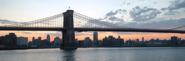 Obraz premium Sunset view of the iconic Brooklyn Bridge spanning across the East River in New York City, USA, architecture, cityscape