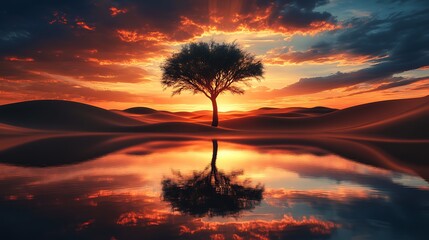 Obraz premium Cross blended with a desert landscape at sunset, the silhouette of a lone tree merging into the cross, warm tones of the sky reflecting on the sand, tranquil and ethereal scene,