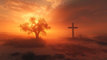 Cross blended with a desert landscape at sunset, the silhouette of a lone tree merging into the cross, warm tones of the sky reflecting on the sand, tranquil and ethereal scene,