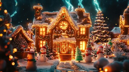 Fototapeta premium Enchanting Gingerbread House Surrounded by Snowman, Christmas Trees, and Twinkling Lights in a Magical Winter Wonderland Scene
