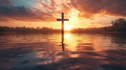 Cross blended with a tranquil lake reflecting a golden sunset, ripples forming the outline of the cross on the water surface, warm colors, peaceful and serene atmosphere, detailed reflections,