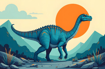 A dinosaur walking through a landscape. Good for print, t-shirt. Stylized illustration, generative AI