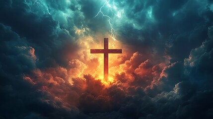 Fototapeta premium Cross blended with an ominous sky filled with storm clouds, bright streaks of lightning framing the cross, the intense light casting dramatic shadows, powerful and emotional scene,
