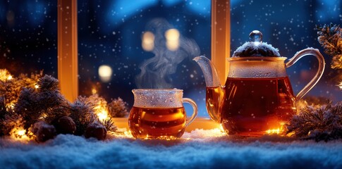 Cozy Nights: Romantic Vintage Tea Set by a Snowy Window in Warm Golden Hues