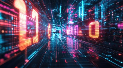 Obraz premium Abstract Digital Background with Glowing Numbers and Light Trails in a Technological Space Environment, Creating a Futuristic Atmosphere for Virtual Reality and Data Visualization