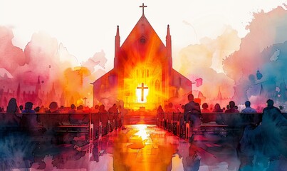 Children in wheelchairs enter a vibrant church, greeted by friendly faces and a spirit of inclusion. The bright atmosphere evokes joy and unity among all attendees