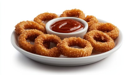 A plate of crispy onion rings with a side of barbecue dipping sauce, Each ring’s golden-brown exterior and tender onion interior captured with precision