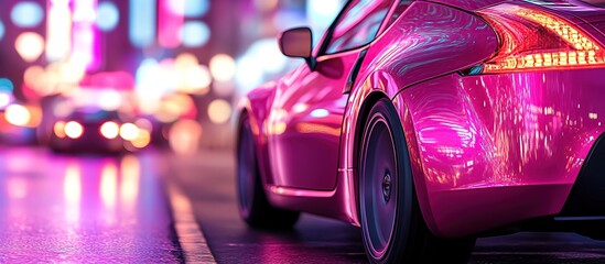 A vibrant pink sports car parked on a city street illuminated by neon lights.
