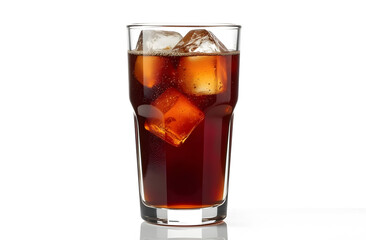 Glass of cola with ice, iced cola, isolated on white background