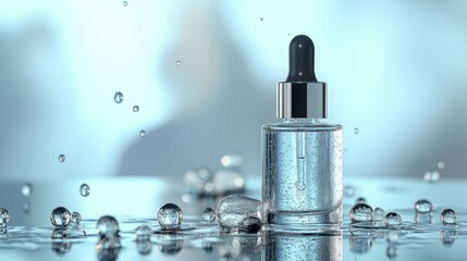 Close-Up of a Luxurious Serum Dropper Bottle Surrounded by Water Drops on a Reflective Surface with a Soft Focus Background for Skincare and Beauty Concepts