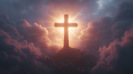 Fototapeta premium Cross silhouette fused with the image of sunlight breaking through dense clouds, the rays forming a divine halo around the cross, dramatic lighting, peaceful and spiritual feel,