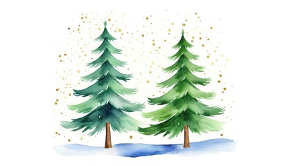 Obraz premium Watercolor evergreen trees with snow and gold accents for winter decor