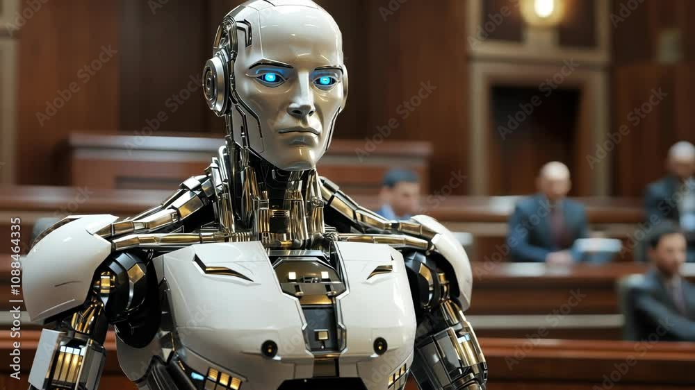 Poster a humanoid robot with glowing blue eyes stands in front of a captivated audience at a technology con