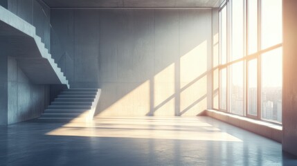 Obraz premium Modern Minimalist Interior with Large Windows, Concrete Walls, and Dramatic Light Play, Capturing Open Space and Architectural Elegance
