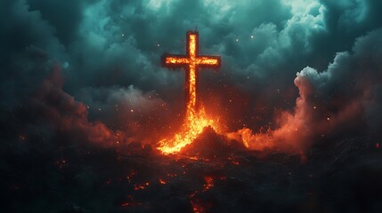 Cross silhouette overlaid with a volcanic eruption, lava streaming down the mountain, ash clouds surrounding the cross, powerful and ominous atmosphere, intense colors and textures,