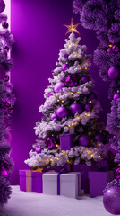 modern and minimalist interpretation of a Christmas tree, constructed from simple geometric shapes and adorned with colorful ornaments.