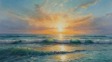 Naklejka premium watercolor art, A Painting of the Sunrise over an Ocean in the style of Light turquoise and light silver V2