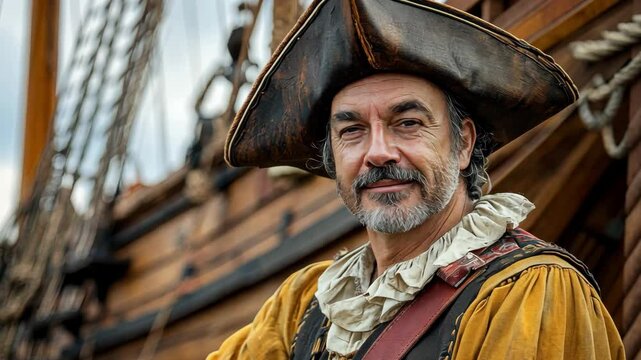 A skilled pirate reenactor stands confidently on the deck of a historic ship, dressed in period attire. The reenactor engages with visitors, sharing tales of maritime adventures and pirate lore.
