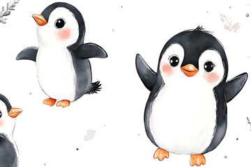 Naklejka premium Cute illustrated penguins with rosy cheeks and playful poses on a light background.