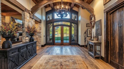 Obraz premium Cozy yet sophisticated entryway featuring timber beams, a large rustic door, and modern decor touches for a balanced look.