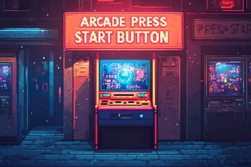 A pixel art depiction of an "ARCADE PRESS START BUTTON" in 8-bit style, designed for retro game assets with a sci-fi, neon-lit arcade theme